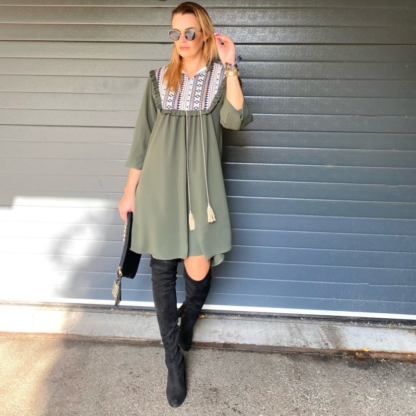 Khaki boho šaty se vzorovanou vsadkou CHARRONE