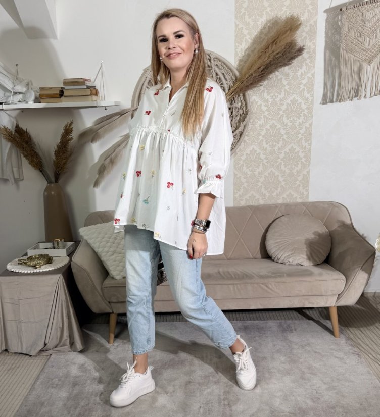 Bílá asymetrická košile s řasením a výšivkami FLY BOTANIC