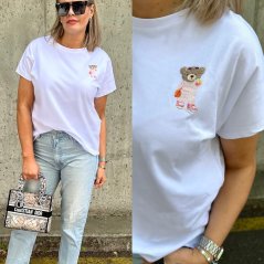 Bílé tričko volného střihu s medvídkem BEAR PINK
