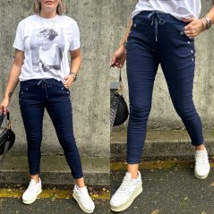 Tmavě modré elastické mačkané kalhoty zdobené knoflíky BOTTOM