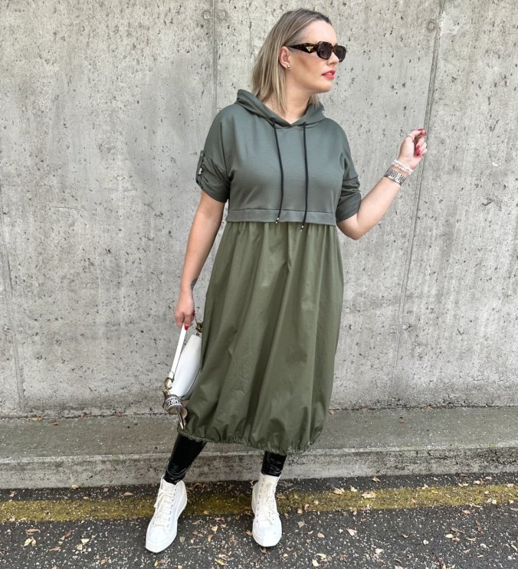 Khaki dlouhé kombinované balónové šaty LINSONNA