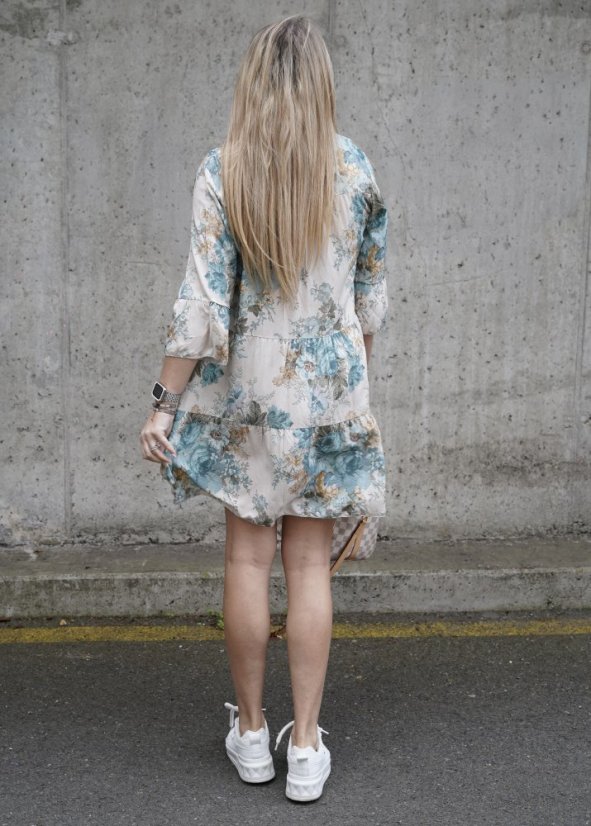 Krémové boho šaty s tyrkysovými květy BOHO BLOOM