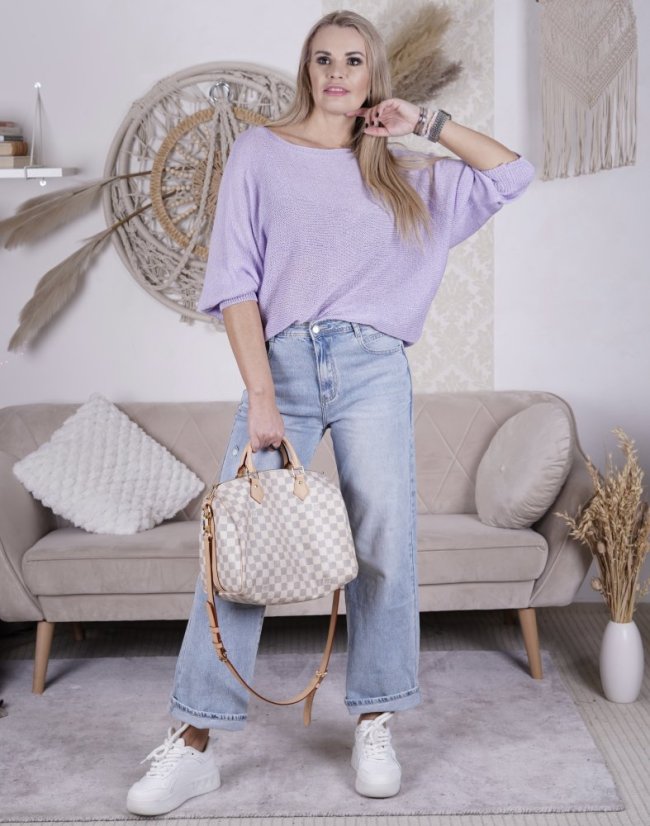 Světle fialkový svetřík netopýřího střihu s mašlí na zádech BELLA BOW