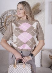 Mokka hnědý svetřík s barevným vzorem PASTEL DIAMOND