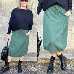 Smaragdově zelená dlouhá balónová sukně z cordového materiálu BUBBLES