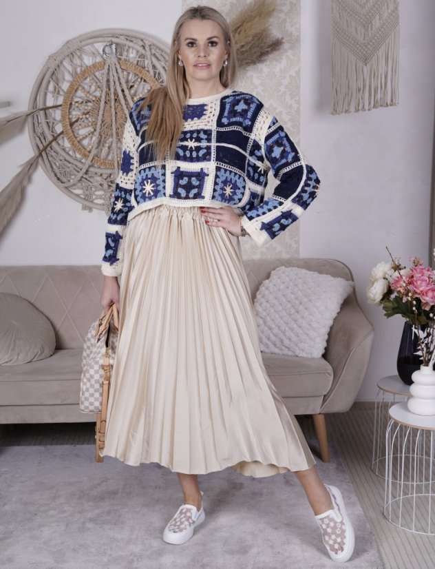 Modro-krémový ažurový boho svetr YASMINE