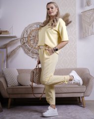 Světle žluté kalhoty z máslového materiálu s béžovým páskem ELSA