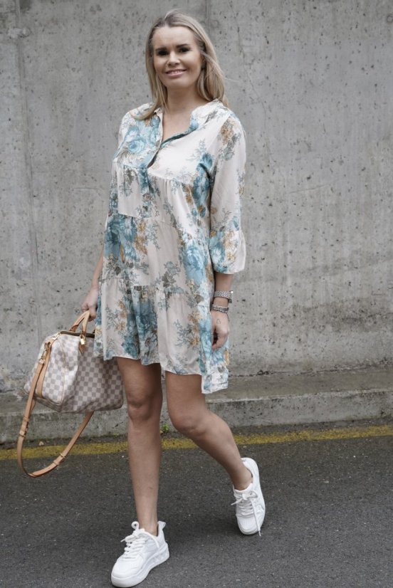 Krémové boho šaty s tyrkysovými květy BOHO BLOOM