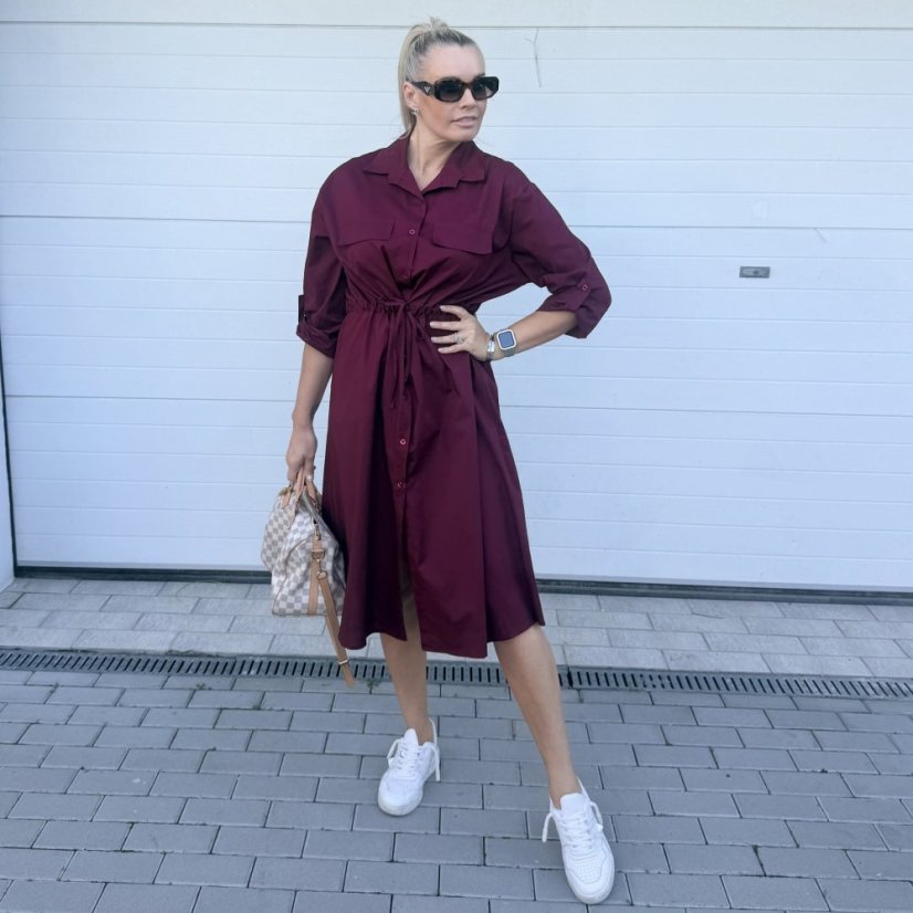 Burgundy červené dlouhé košilové šaty se stažením v pase VILLE
