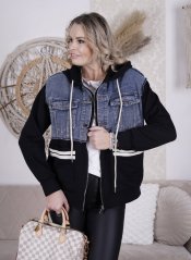 Černá kombinovaná mikinová bunda DENIM FUSION HOODIE