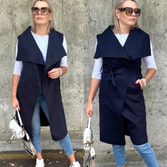 Tmavě modrá dlouhá flaušová vesta s velkým límcem MOULEN