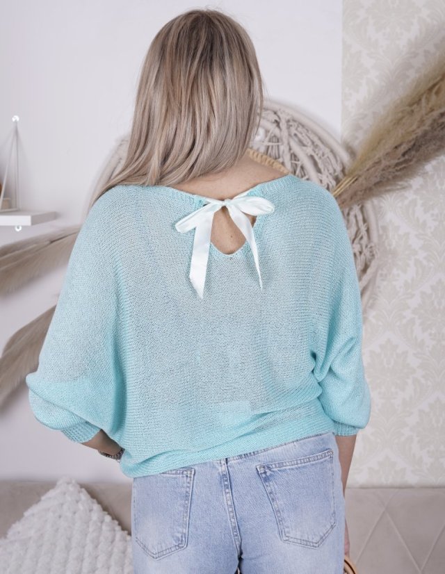 Mintový svetřík netopýřího střihu s mašlí na zádech BELLA BOW