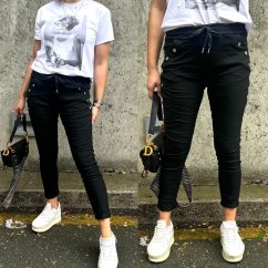 Černé elastické mačkané kalhoty zdobené knoflíky BOTTOM