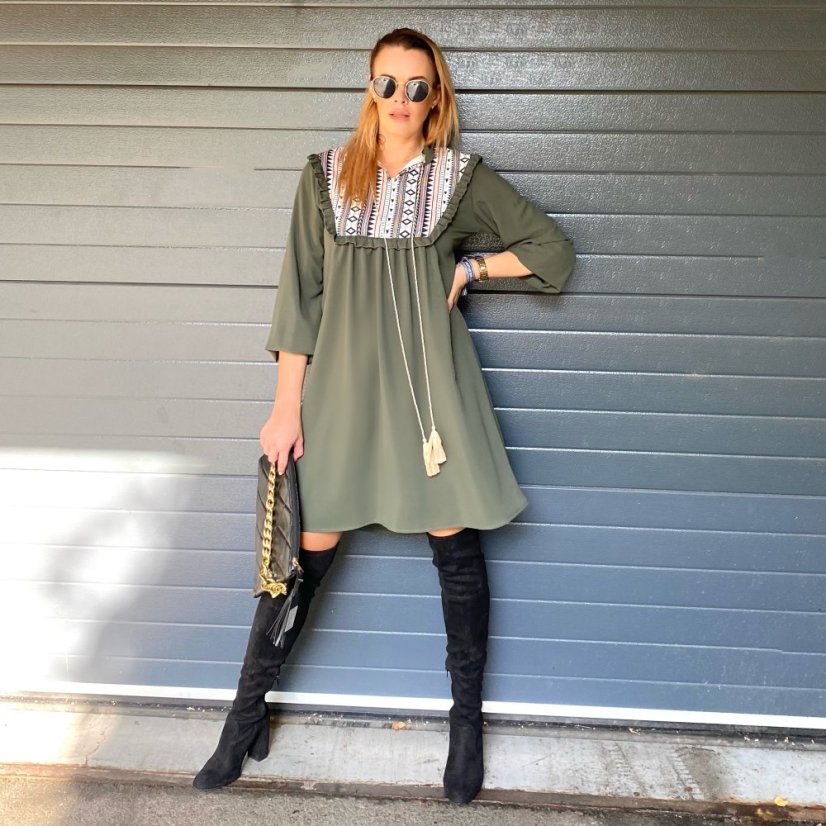 Khaki boho šaty se vzorovanou vsadkou CHARRONE