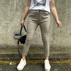 Mokka hnědé elastické mačkané kalhoty zdobené knoflíky BOTTOM