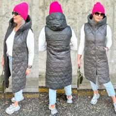 Khaki dlouhá stylová prošívaná vesta s kapucí EMMA