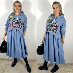 Světle modré dlouhé kombinované mikinové šaty FLY TOUCH