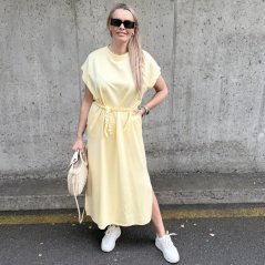 Světle žluté dlouhé basic maxi šaty s pleteným páskem SOLEA