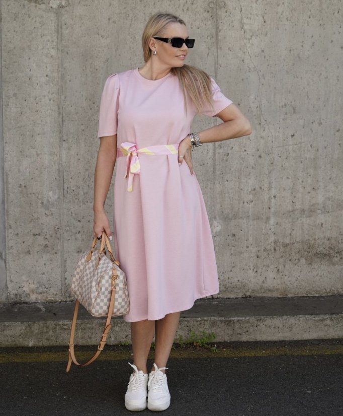 Světle růžové midi šaty z máslového materiálu s páskem PURE LINE