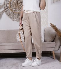 Světle mokka hnědé kalhoty z máslového materiálu s béžovým páskem ELSA