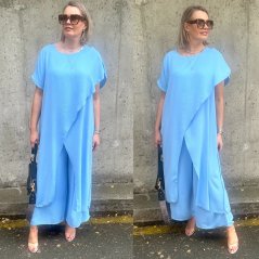 Světle modrá elegantní souprava asymetrická halena a široké kalhoty AFRODITE