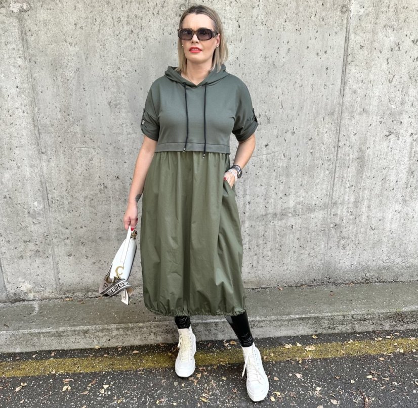 Khaki dlouhé kombinované balónové šaty LINSONNA