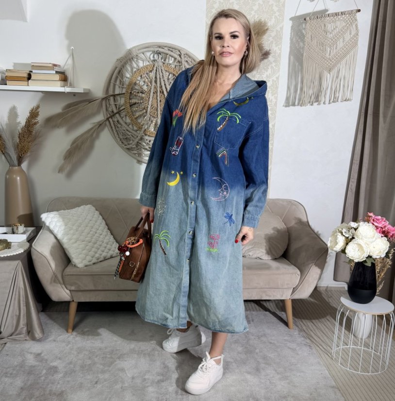 Modré dlouhé džínové oversize šaty s kapucí  FLY HOLIDAY