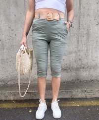 Khaki 3/4 elastické mačkané kalhoty s páskem CAPRI FLEX