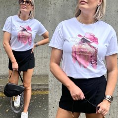Bílé bavlněné tričko s růžovým potiskem COWGIRL