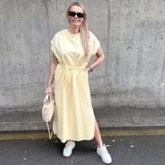 Světle žluté dlouhé basic maxi šaty s pleteným páskem SOLEA