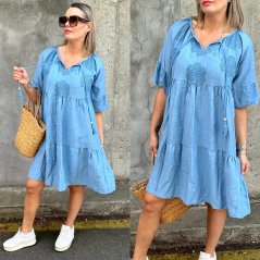 Nebesky modré boho šaty s vyšívanými květy FRILANA
