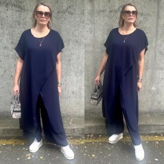 Tmavě modrá elegantní souprava asymetrická halena a široké kalhoty AFRODITE