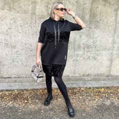 Černé kombinované šaty z máslového materiálu a flitry GLAM HOODIE
