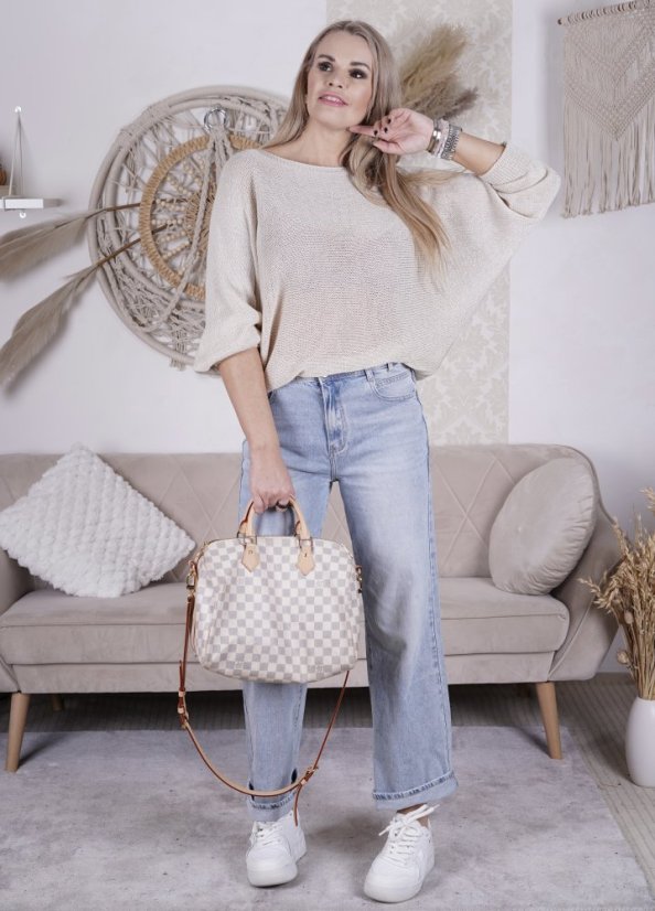 Béžový svetřík netopýřího střihu s mašlí na zádech BELLA BOW