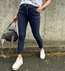 Tmavě modré elastické mačkané kalhoty zdobené knoflíky BOTTOM