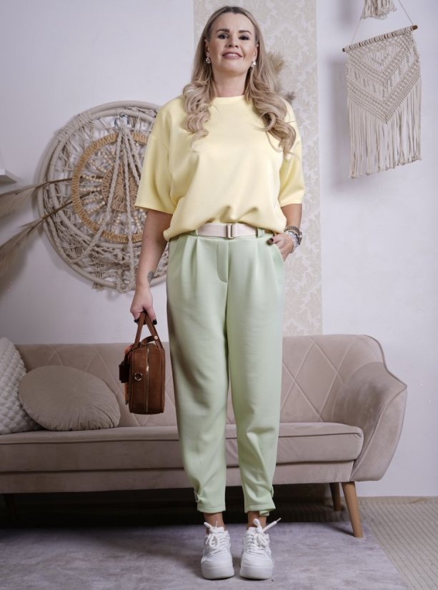 Mintově zelené kalhoty z máslového materiálu s béžovým páskem ELSA