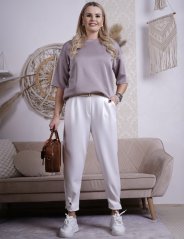 Bílé kalhoty z máslového materiálu s hnědým páskem ELSA