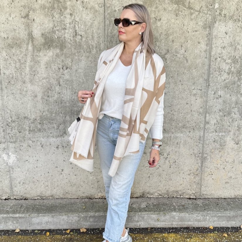 Bílo - béžová maxi šála GEOMETRIC STYLE