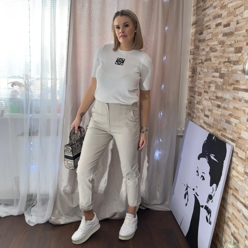 Béžové elastické trendy kalhoty CHIC