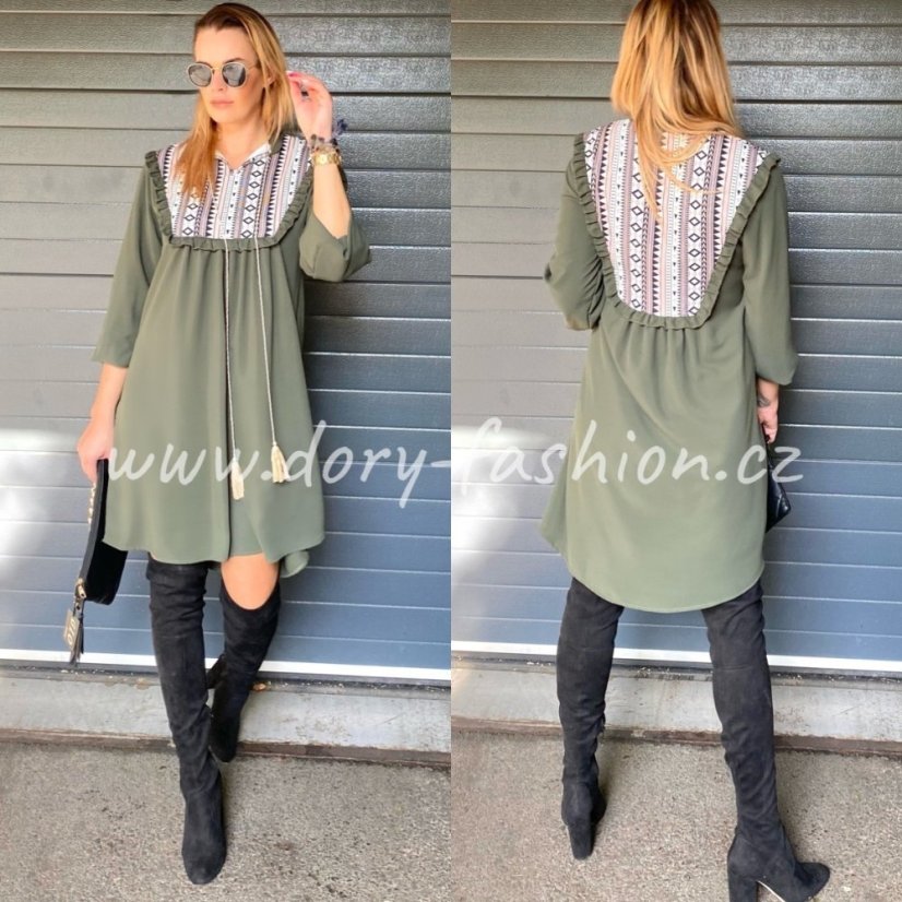 Khaki boho šaty se vzorovanou vsadkou CHARRONE