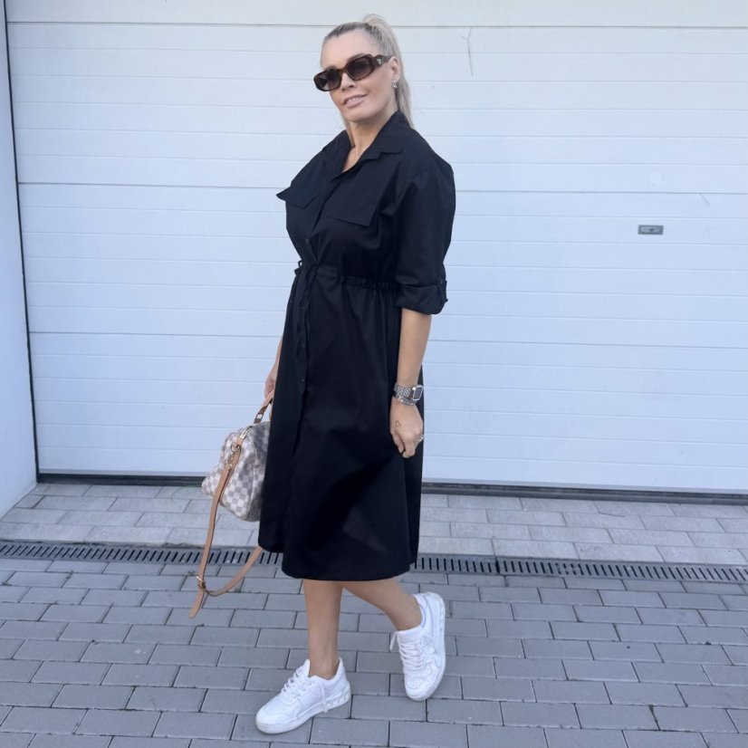 Černé dlouhé košilové šaty se stažením v pase VILLE