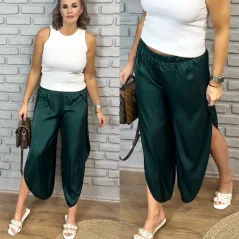 Smaragdově zelené lesklé kalhoty s rozparky CALLI