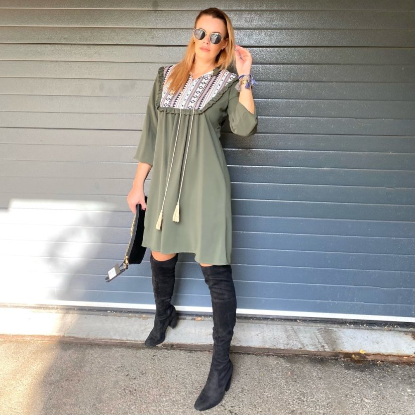 Khaki boho šaty se vzorovanou vsadkou CHARRONE