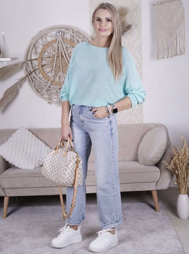 Mintový svetřík netopýřího střihu s mašlí na zádech BELLA BOW