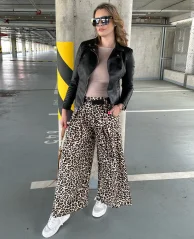 Krémové široké kalhoty s hnědým vzorem a páskem GINNO LEOPARD