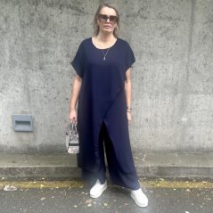 Tmavě modrá elegantní souprava asymetrická halena a široké kalhoty AFRODITE