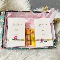 Dárková sada 2x PARFÉM BCR - BACCARAT DORY - 50 ml + BACCARAT Prémiový parfém do kabelky 10 ml + Mandlový olejíček na rty se zlatem Qoiden