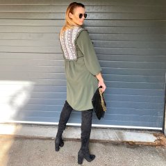 Khaki boho šaty se vzorovanou vsadkou CHARRONE