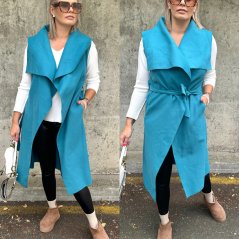 Petrolejově modrá dlouhá flaušová vesta s velkým límcem MOULEN