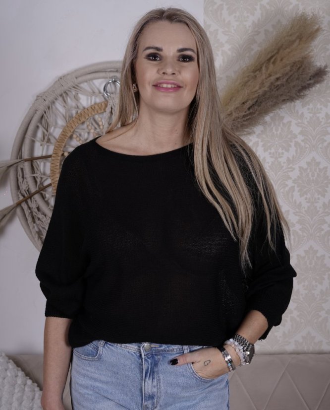 Černý svetřík netopýřího střihu s mašlí na zádech BELLA BOW